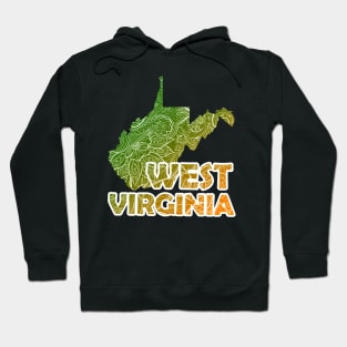 Colorful mandala art map of West Virginia with text in green and orange Hoodie